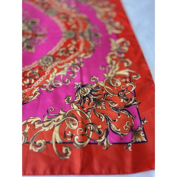 H & M Scarf Made In Italy Pink Orange Gold Medallion Scroll 34" x 34" Colorful - Picture 2 of 11